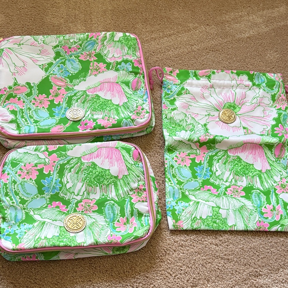 Lilly Pulitzer Pink, Green & White Floral Packing Cube Set Three Bags New!